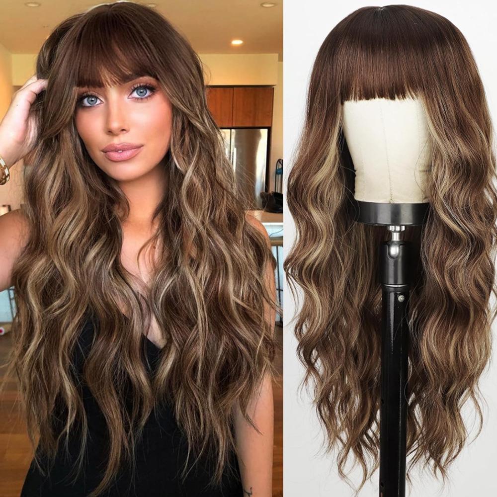 Bangs 26 Inches Deep Wave Body Wave Long Curly Synthetic Hair Wig Heat-Resistant Glueless European American Women High
