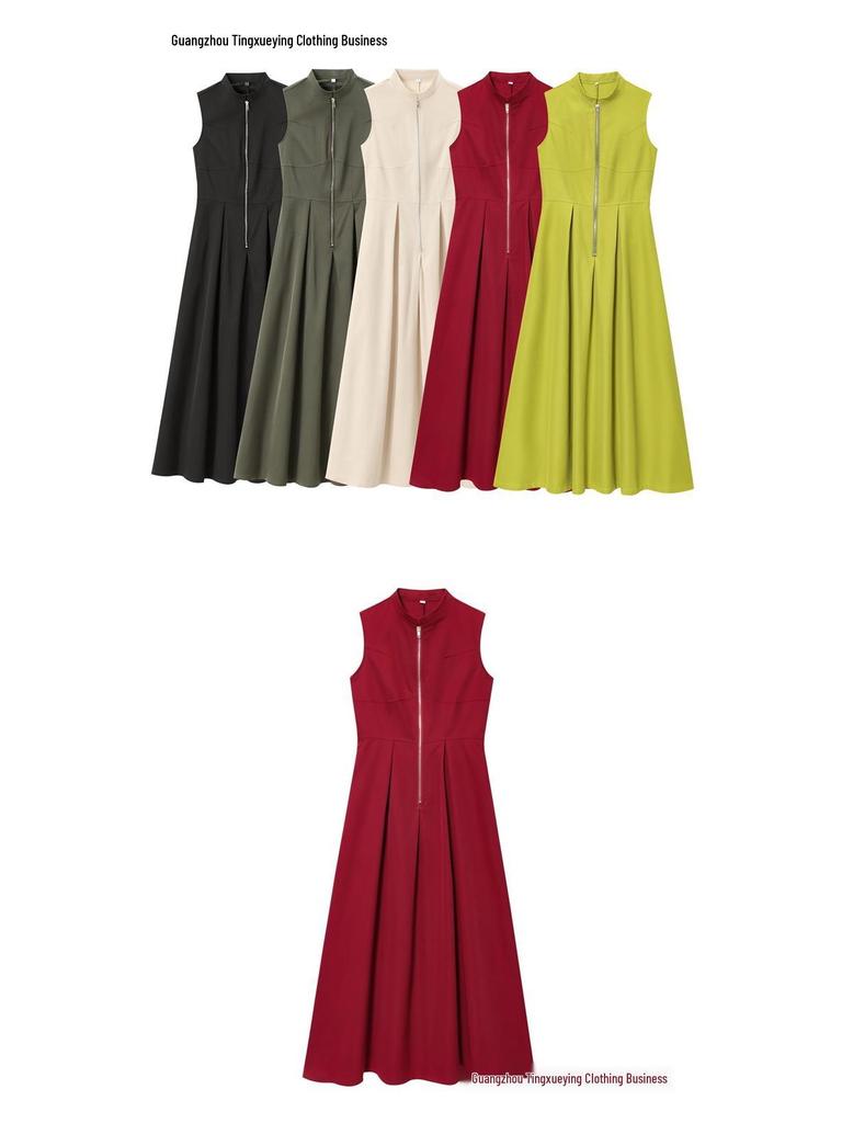 Spring 2026 European & American Style Women's Midi Dress: French Design, Round Neck, Sleeveless, Waist-Cinching, Commuter Chic