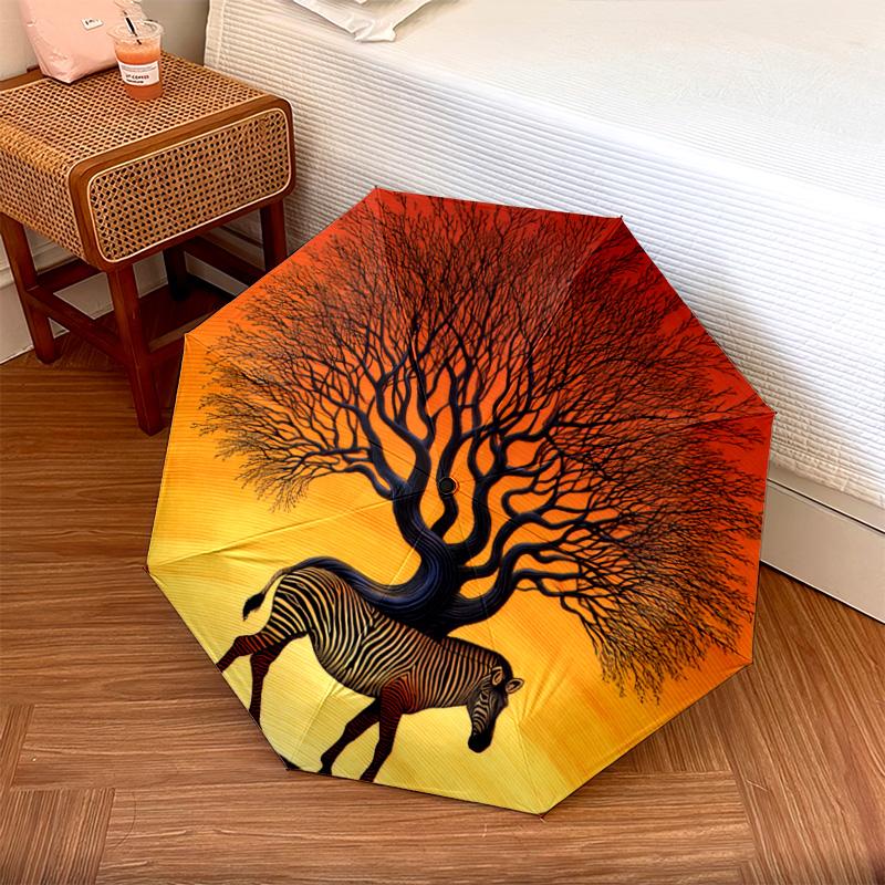 1 PC Automatic Folding Umbrella - Zebra Tree Pattern, Portable & Foldable Design with 8 Ribs, Christmas Birthday Gifts