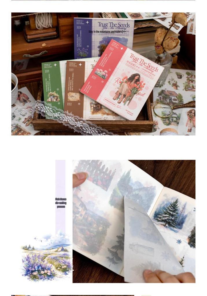 Retro Scenery Die-cut Sticker Book: Washi Paper with Houses, Forests & Coffee Themes
