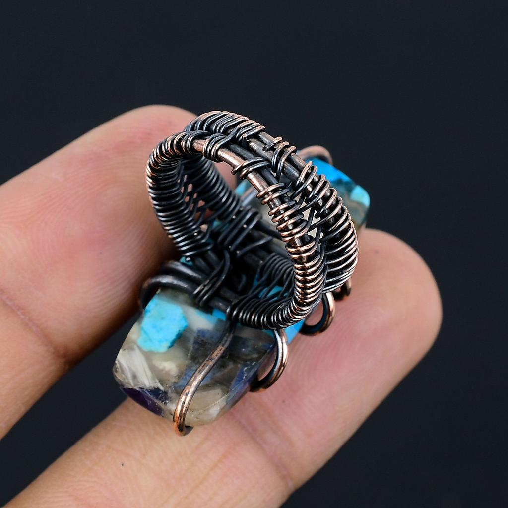 Natural Spiny Oyster Gemstone Handmade Copper Wire Wrap Gift Ring Size 7 e4F72
