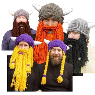 Personalized Handmade Viking Beard Hat - Wool Knit with Braided Horns for Christmas