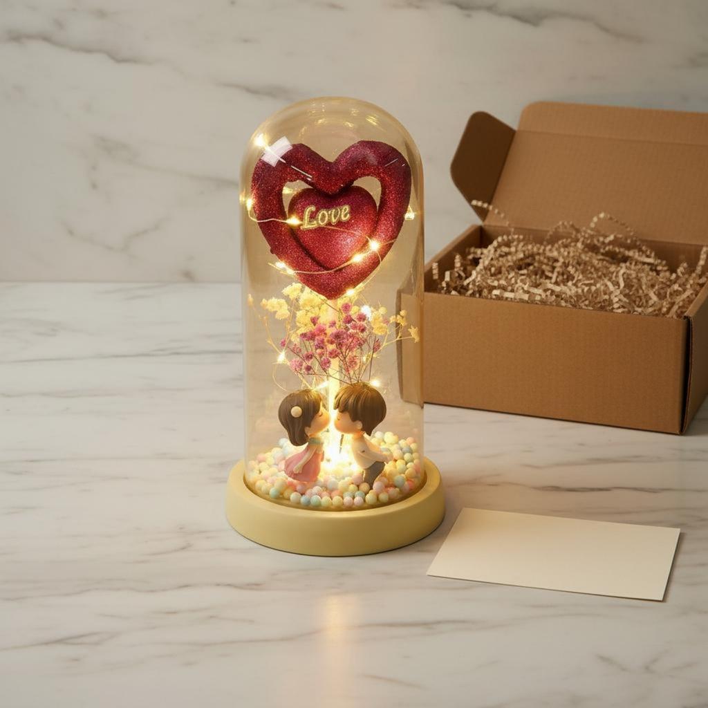Love Heart Lamp-up Cloche Couple Figurine Glass Dome House Decoration Indoor Lighting for Girlfriend, Bedroom