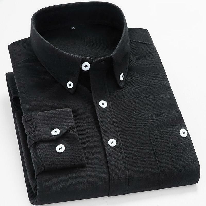 Men Velvet Corduroy Sleeved Shirt Casual Top Loose Pure Color Dad Clothing Suitable Middle-aged Elderly