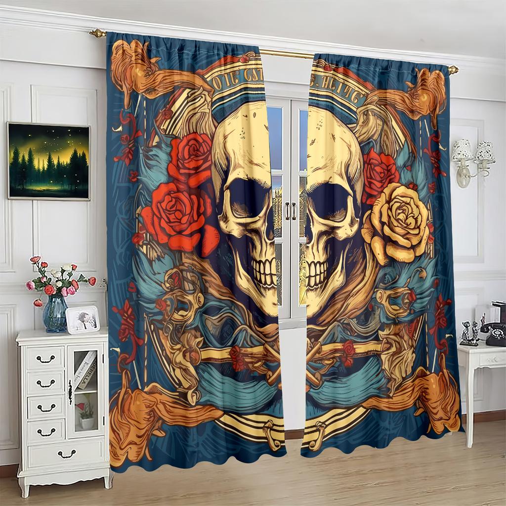 2 Pieces - Skull Print Curtain - Polyester Material - Suitable for Bedroom, Living Room, Study, Private Space