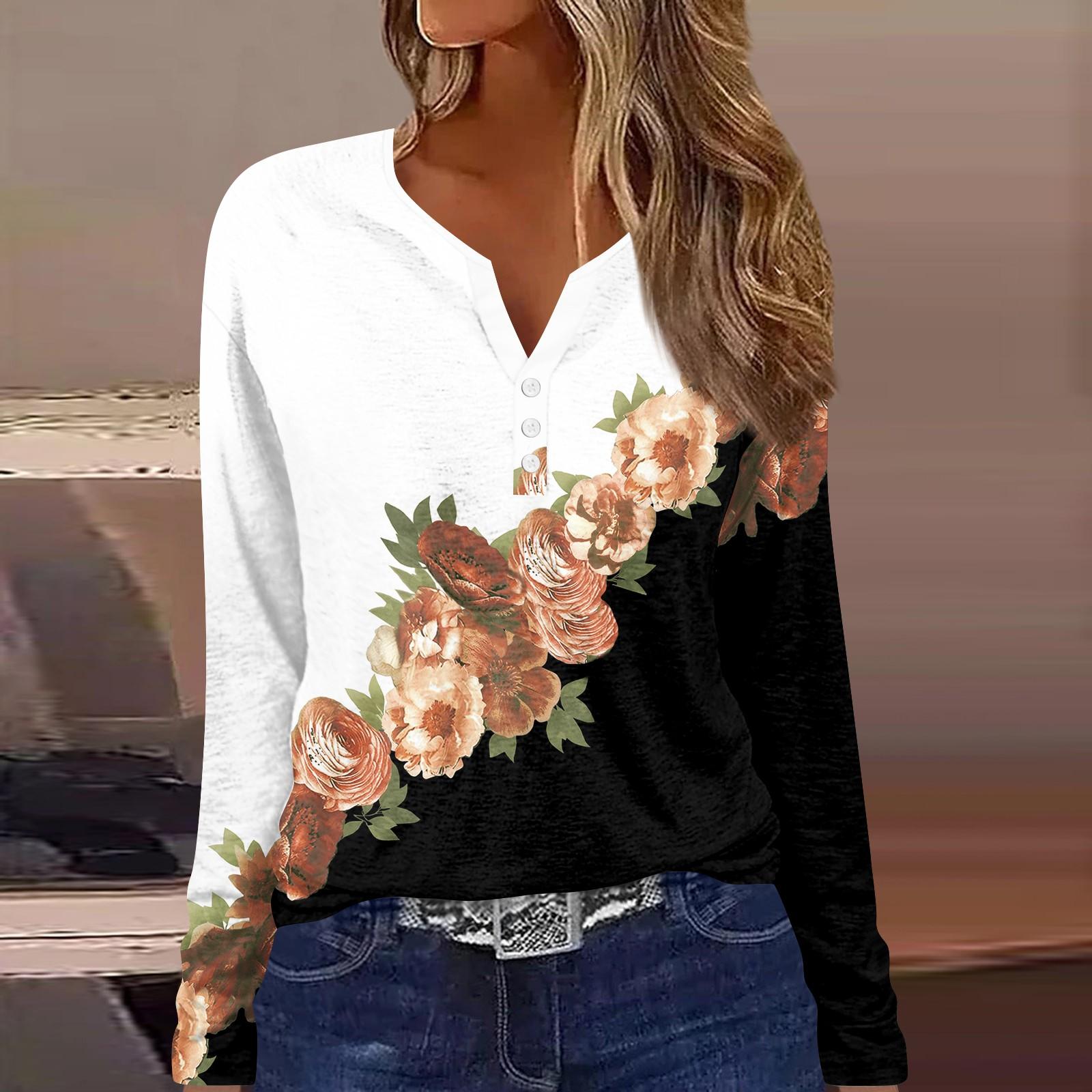 

Жен. Футболка Футболка Пуговицы Цветочный принт Длинный рукав Повседневные Выходные Мода Классический Классический V-образный вырез Обычный Топ M чёрный
