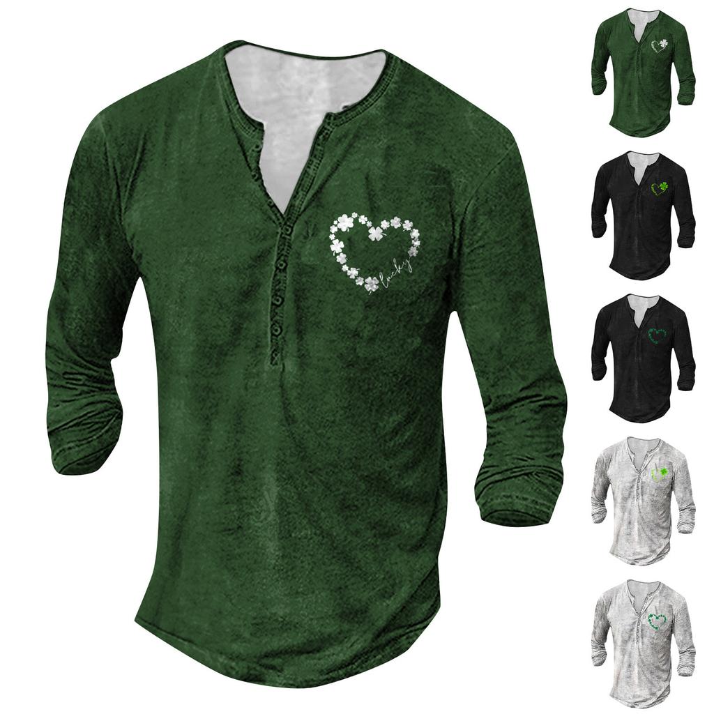 Men'S Printed T-Shirt Outdoor Retro Button Loose Long Sleeve Top