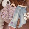 2025 Trendy Floral Shirt & Lace Trim Jeans Set for Girls