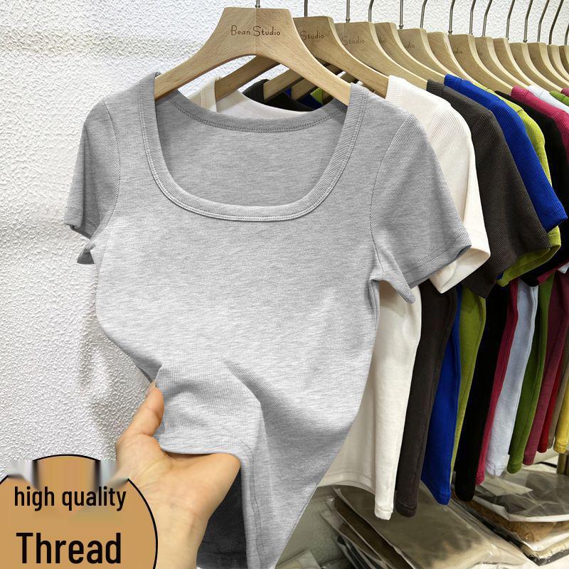 2025 Summer Trendy Plus Size Square Neck Slim Fit Short Sleeve Women's T-shirt