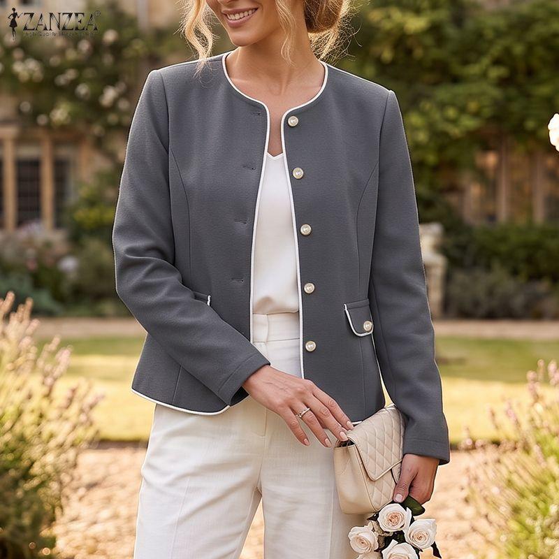 ZANZEA Women Elegant Color Block Round Neck Long Sleeve Thin Cardigan Woolen Jackets
