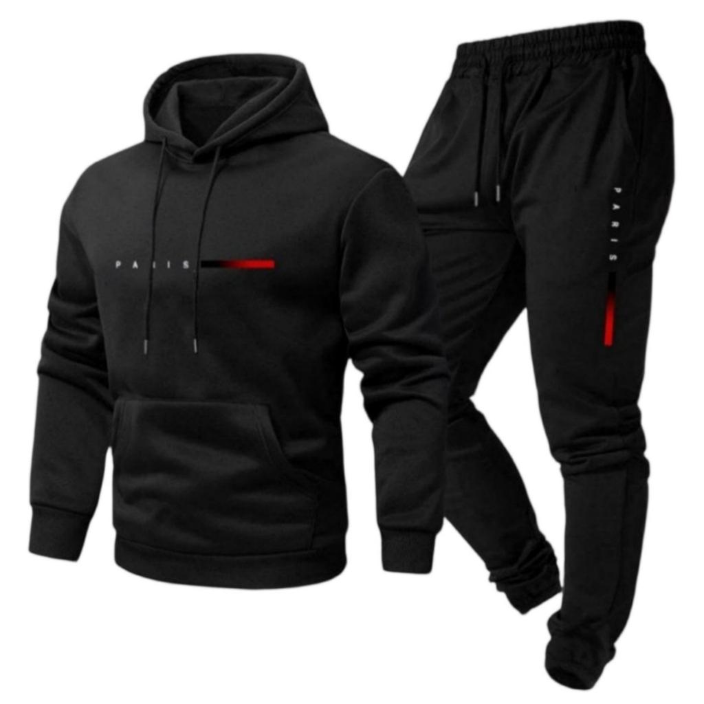 Men's Casual Color Letter-printed Sweatshirt Set, Men's Fleece Hooded Drawstring Sweatshirt And Sweatpants Two-piece Set