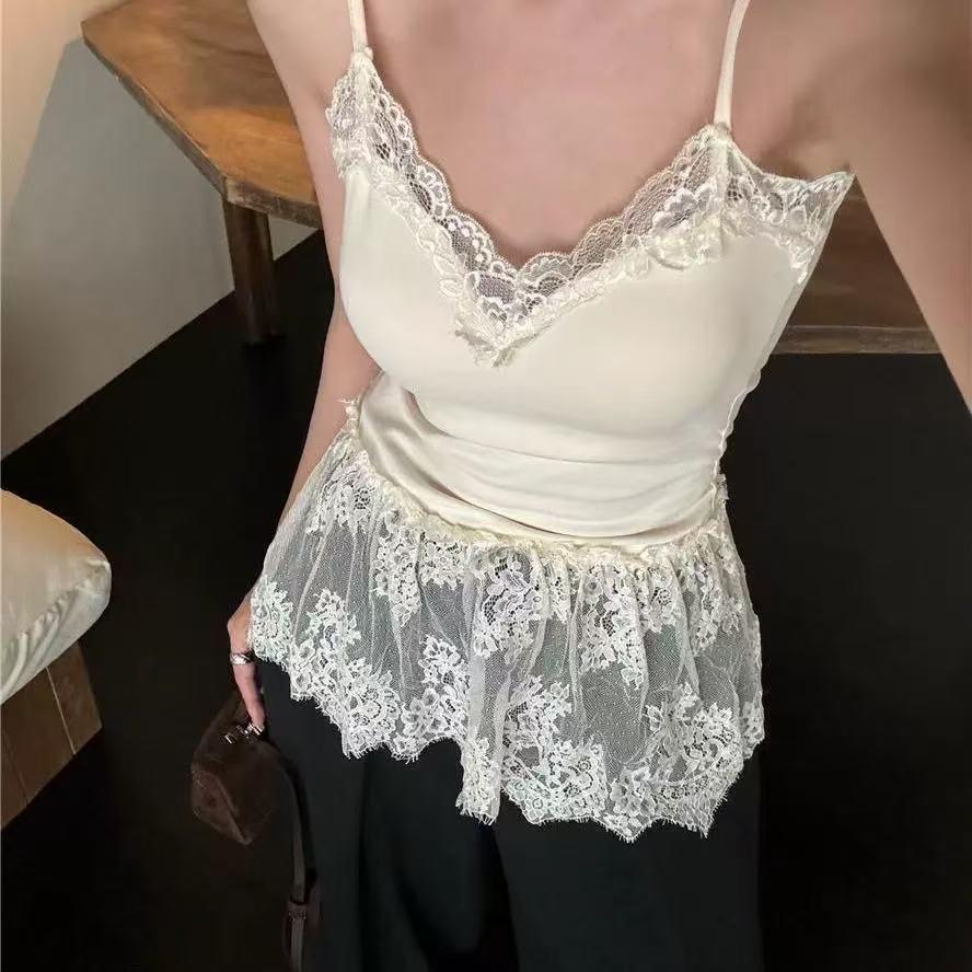 

Белая кружевная майка на V-образном вырезе с оборкой по низу и сетчатыми деталями - Топ без рукавов для женщин, Идеально подходит для осенних и весенних многослойных образов One Size абрикосовый