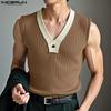 INCERUN Men V Neck Sleeveless Patchwork Rib Casual Tank Tops Undershirts