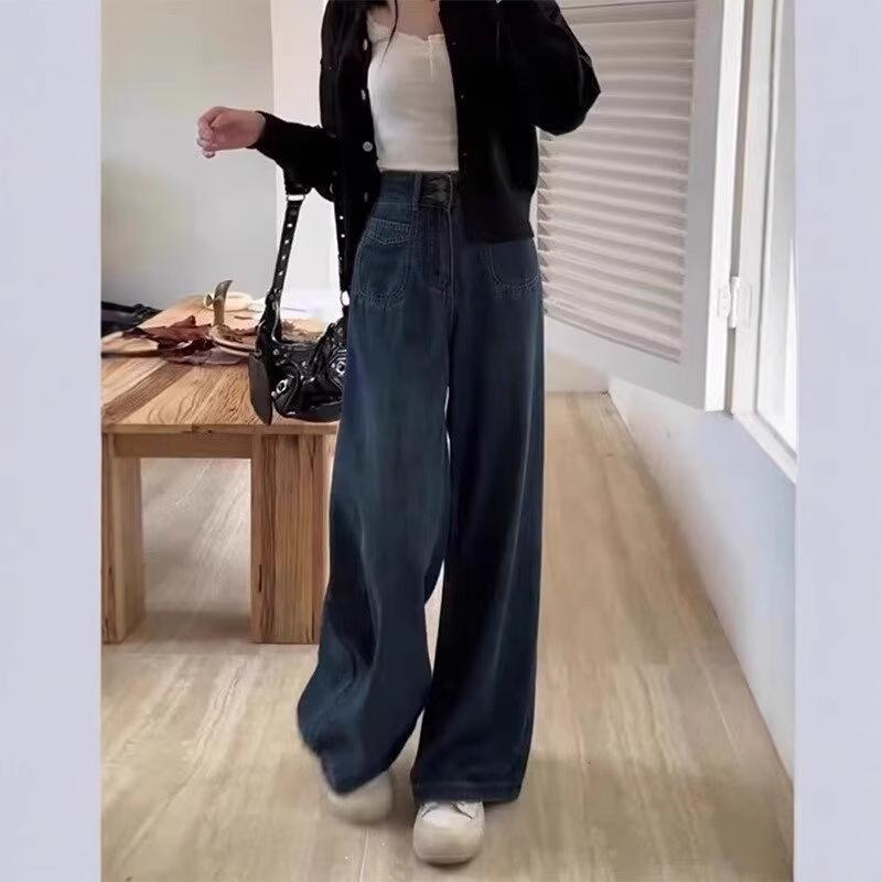 Women's Dark Blue High Waist Wide-Leg Jeans - Autumn Loose Fit, Floor-Length, Versatile and Slimming Design