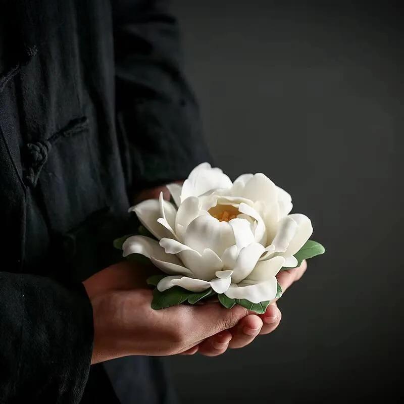 Ceramic White Peony Incense Burner Handmade Household Decor Incense Stick Holder Buddhist Incense Chinese Tea Ceremony Ornaments