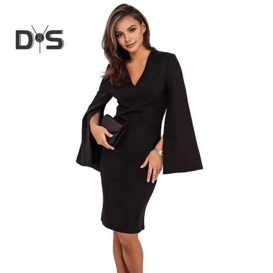 Vestido de mujer otoño verano largo con abertura y mangas abullonadas, escote en V, corte ajustado, color liso, formal, para negocios, fiestas, OL, vestido midi para viaje diario