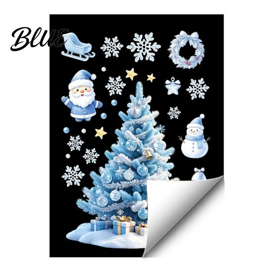 Blue Christmas Theme Decor Snowflakes Santa Static Sticker Waterproof PVC Window Reusable Holiday Scenes Decal Decorative Removable Cling for Party