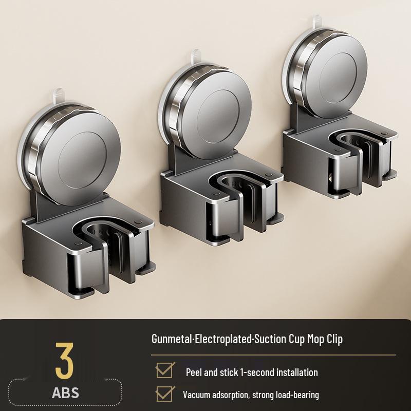 No-Punch Broom & Mop Wall Mount Clip - Suction Cup Hanging Rack for Bathroom/Backdoor Storage