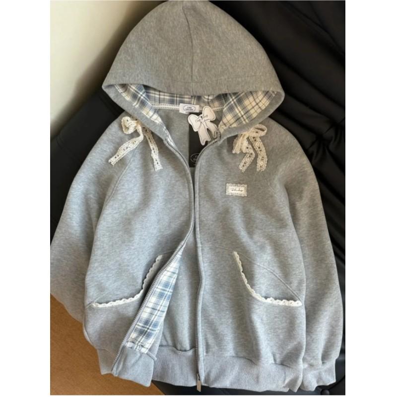 Women s Spring and Autumn American Retro Plaid Lace Hooded Sweatshirt Loose Short Sleeved College Style Cardigan 2XL