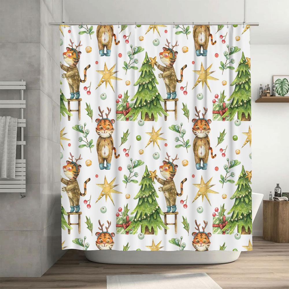Watercolor Christmas Shower Curtain Festive Animal Print Decor For Bathroom Reindeer Trees Vivid Colors Eco-Friendly Fabric Mate
