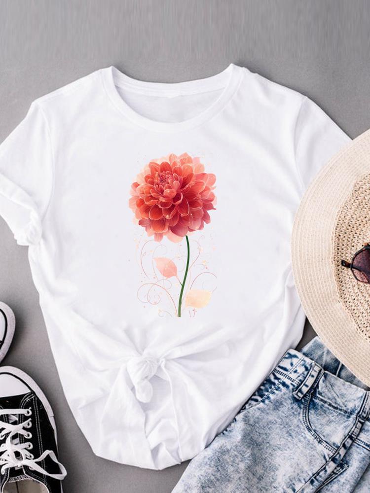 (Asian Size) Casual Women's Top Print flower style trend Short Sleeve T-shirts T Clothing O-neck Fashion Female Graphic Tee
