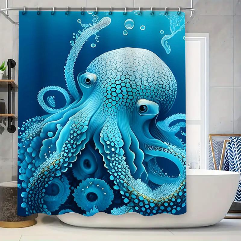 Blue Octopus Shower Curtain Bath Decoration Waterproof Fabric Unique Marine Life Prints for Bathroom Decorations