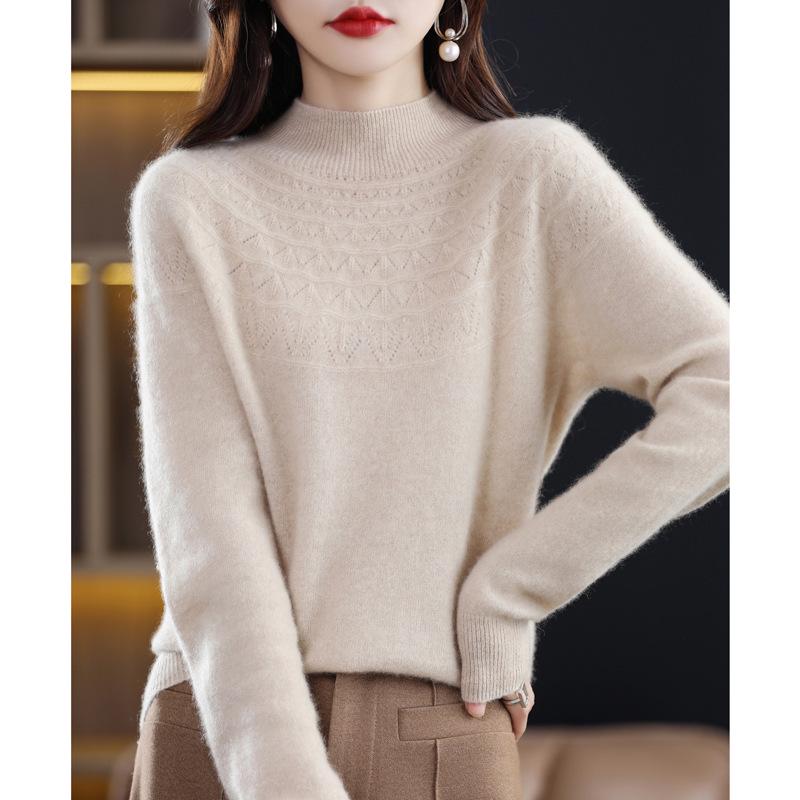Women's 100% Wool Slimming Cashmere Knit Sweater - Half High Neck, Seamless, Hollow Out Design for Autumn/Winter