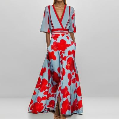 Women's Fashion Elegant Temperament V-Neck Printed Shrink Pleated Large Hem Long Dresses