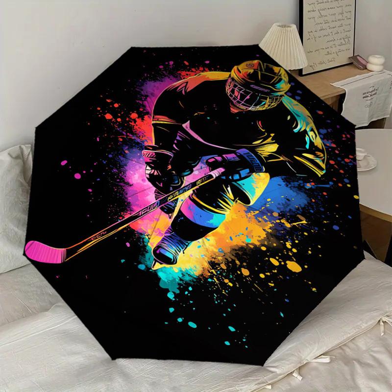 1PZ Ombrello Pieghevole Automatico Piccolo da Viaggio con Motivo Giocatore di Hockey, Ombrello Compatto Antivento, Apertura/Chiusura Automatica, Regalo-091575