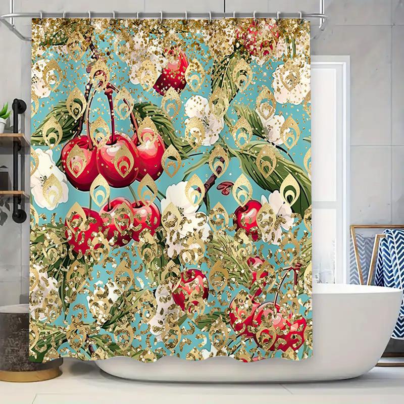 

Chic Blue Gold Floral Shower Curtain With Cherry Design Modern Bath Decor For Your Home W60H190(CM)-1 Pcs