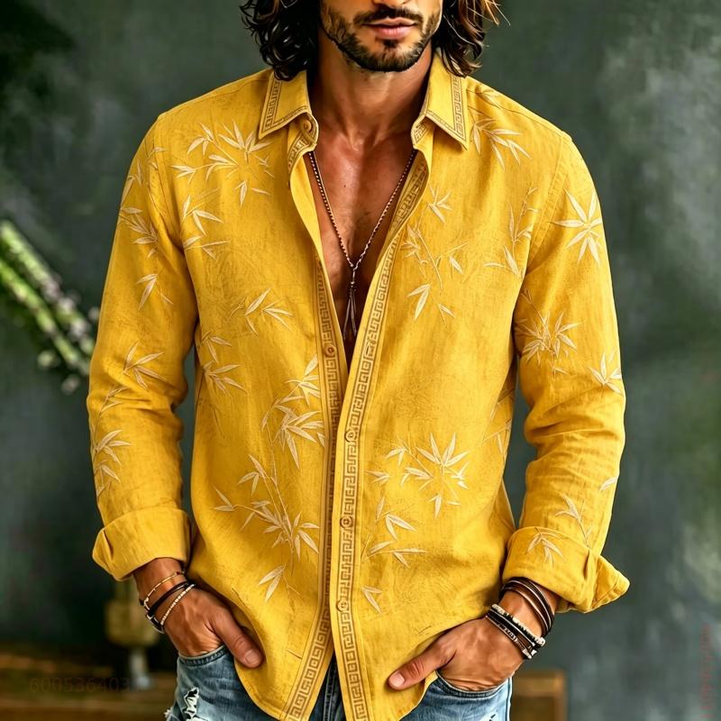 Men's Long Sleeved Shirt with Bamboo Leaf Pattern Full Printing, Daily Commuting, Travel, Vacation, Fashionable and Trendy Shirt