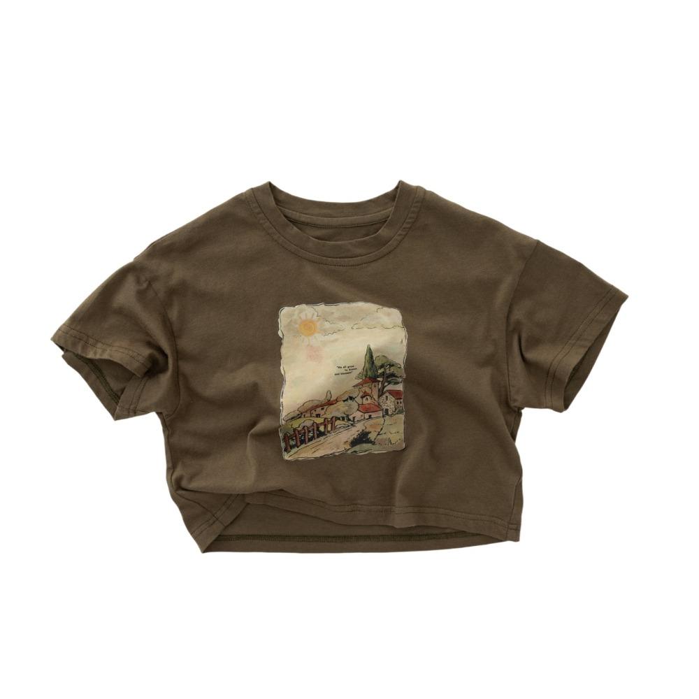 2026 Summer Korean Style Boys T-Shirt Retro Print O-Neck Cotton Kids Loose Top Solid Color Thin Soft Children Clothes 110