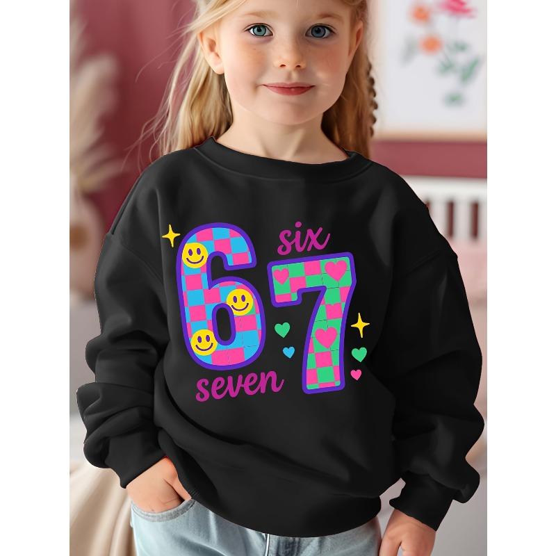 Unisex Kids Crewneck Sweatshirt For Over 4 Years Old Boys Girls Retro Checker Smile Heart Number 67 SIX SEVEN Birthday Graphic Soft For 4-12 Children