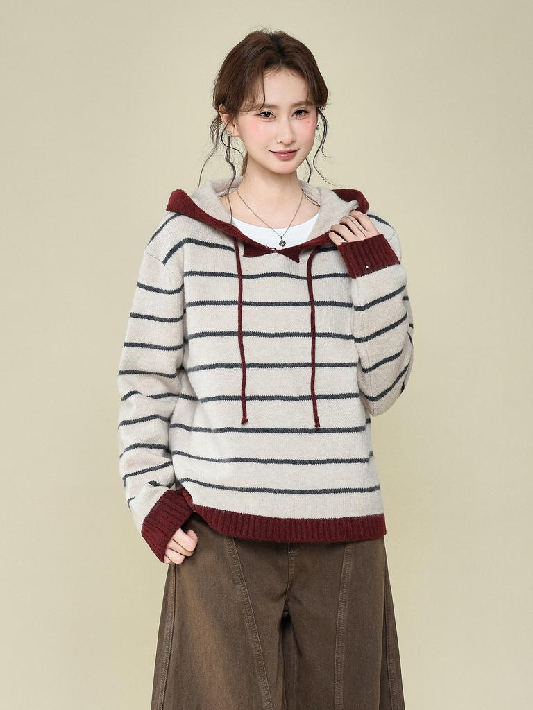 Lazy Hooded Striped Knitted Sweater Long-sleeved Thickened Bottoming Shirt with Autumn and Winter New Loose Coat Top Women