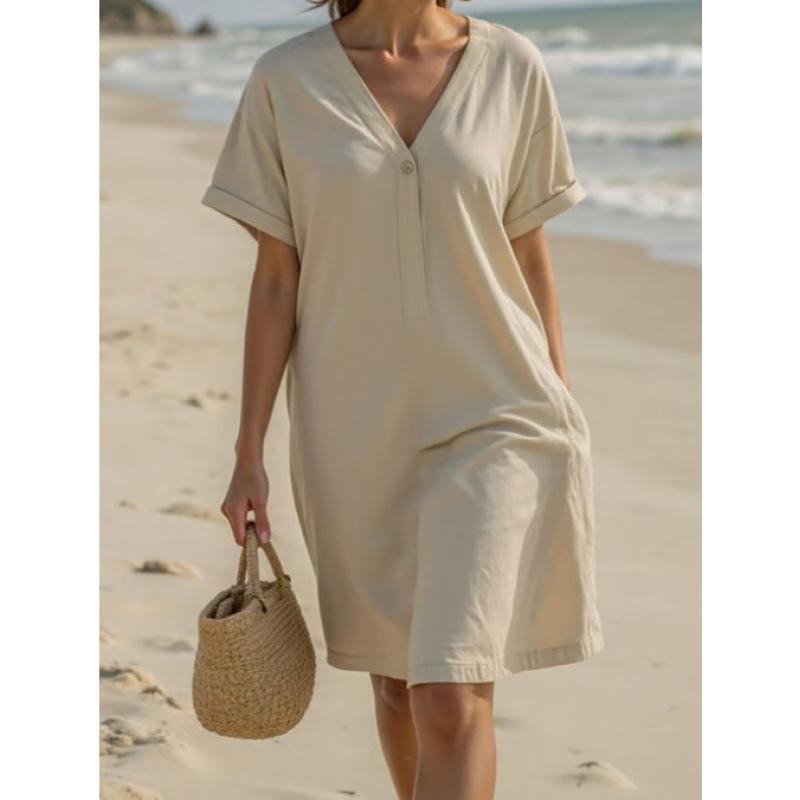 Cross-border new fashionable versatile women's casual solid color V-neck loose dress