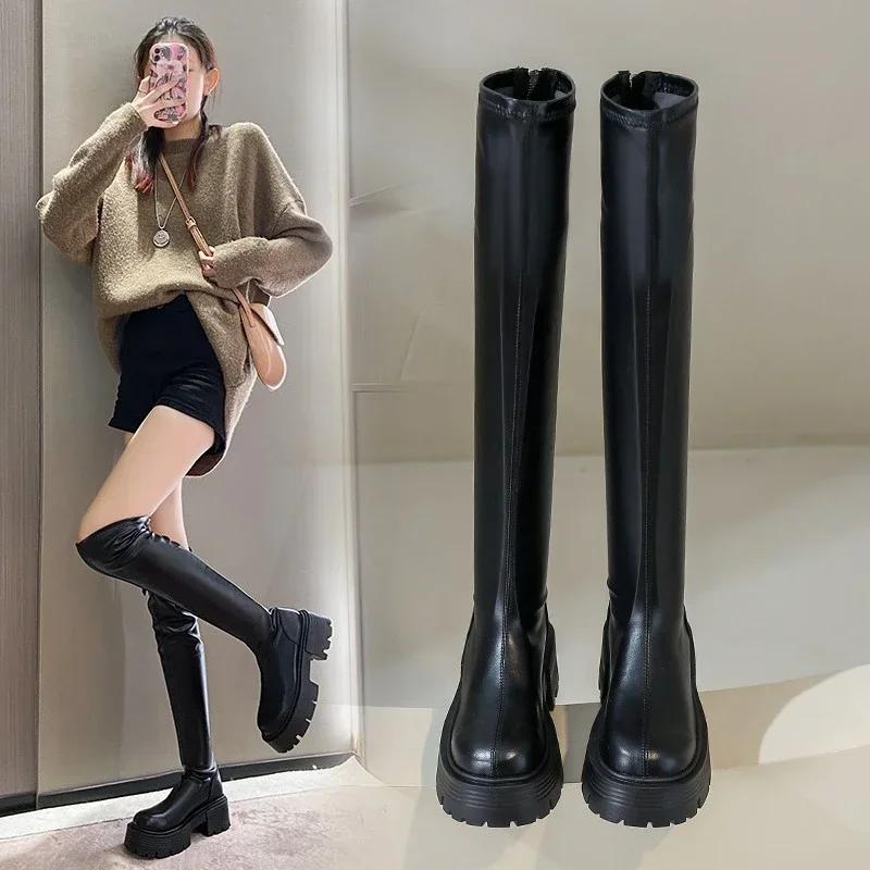 Autumn Winter Stretch Over The Knee Boots Women Fashion Round Toe Square Platform Thick Heels Long Booties  2025 Velvet Lining