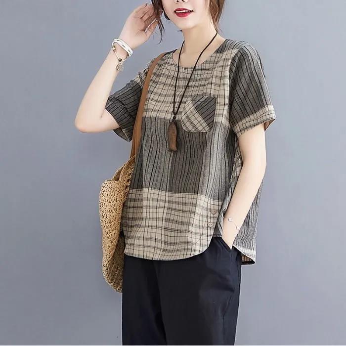 Cotton Linen Retro Literary Top Summer Plaid Loose Girls T-shirt All-match Fashion Short-sleeved Gown