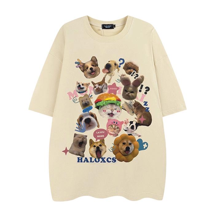 Women's Cute Cartoon Cat & Dog Print American Style Cotton T-Shirt - Short Sleeve, Round Neck, Loose Fit