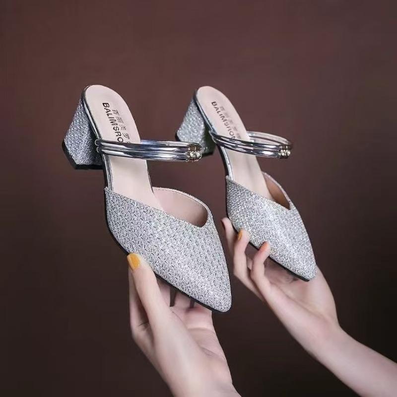 Wearing pointed toe half slippers versatile women's shoes trendy two wear women's summer new bag head thick heel cool slippers