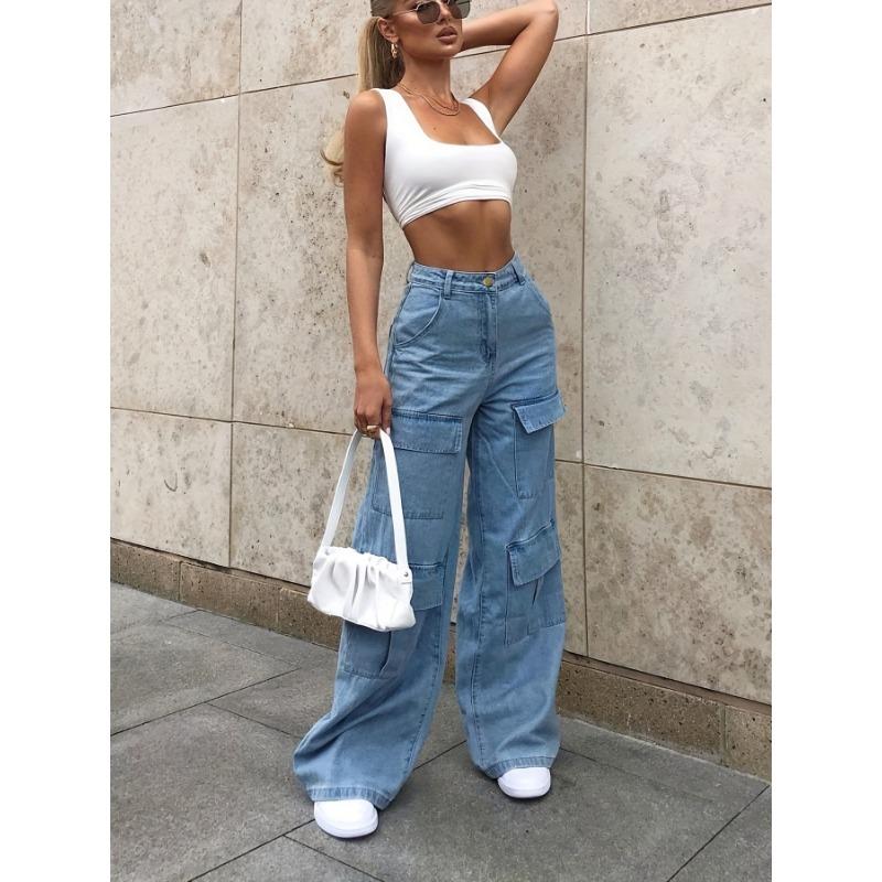 Women Jeans Wide Leg Pants Ankle Length Mid Waist Washing Zipper Loose Slight Strech High Street Solid Pockets