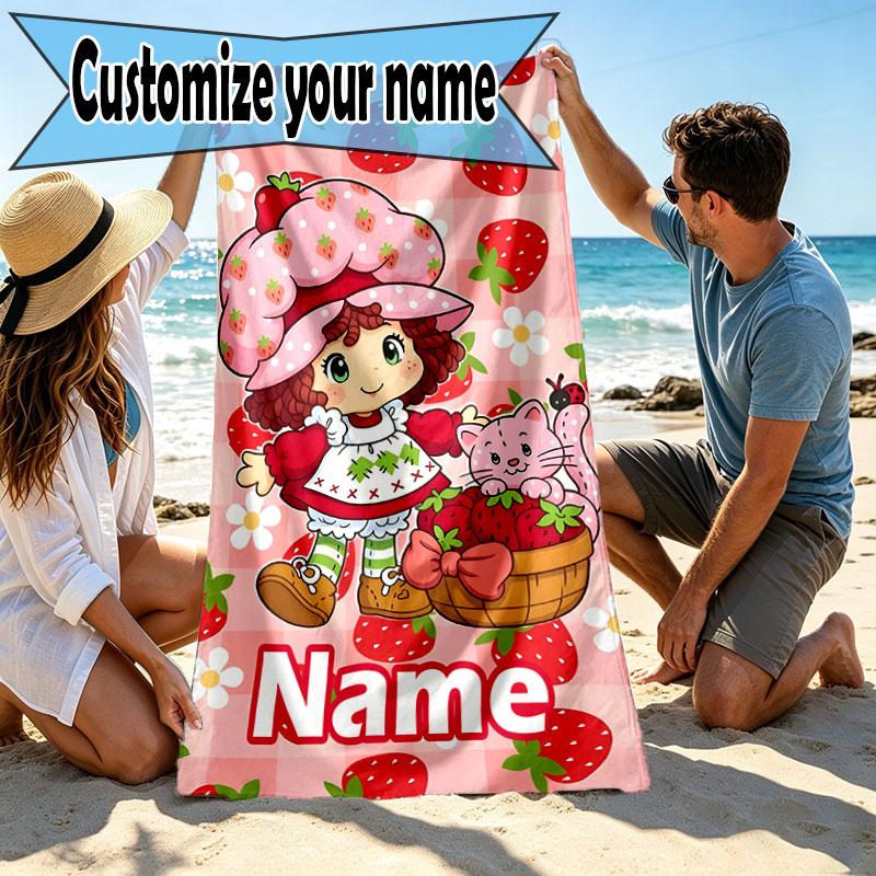 Custom Name Personalized Strawberry Shortcake Print Beach Towel, for Trip Camping Beach Party Home Decor, Birthday Gift for Family & Friends