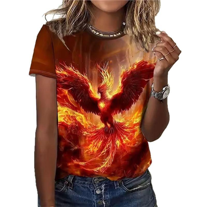 Summer Round Neck 3D Phoenix Pattern Print Top Fashionable Casual Short Sleeved Women's T-shirts