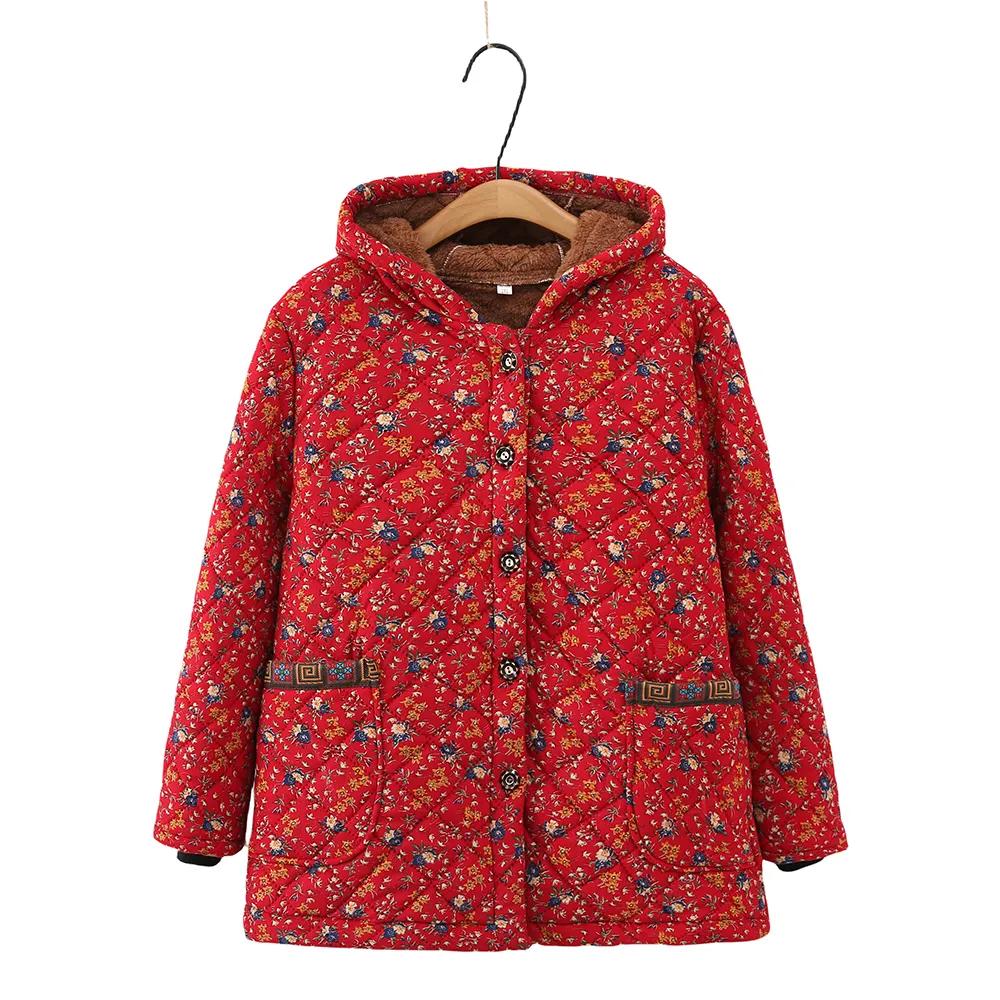 Women's Winter Plus Size Fleece-Lined Warm Coat Hooded Casual Jacket for Middle-Aged and Elderly Women