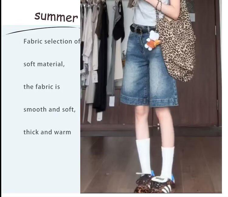 Retro Spicy Girl Damen Low-Waist Denim Shorts - Loose Fit Straight-Leg Mid-Length Hose