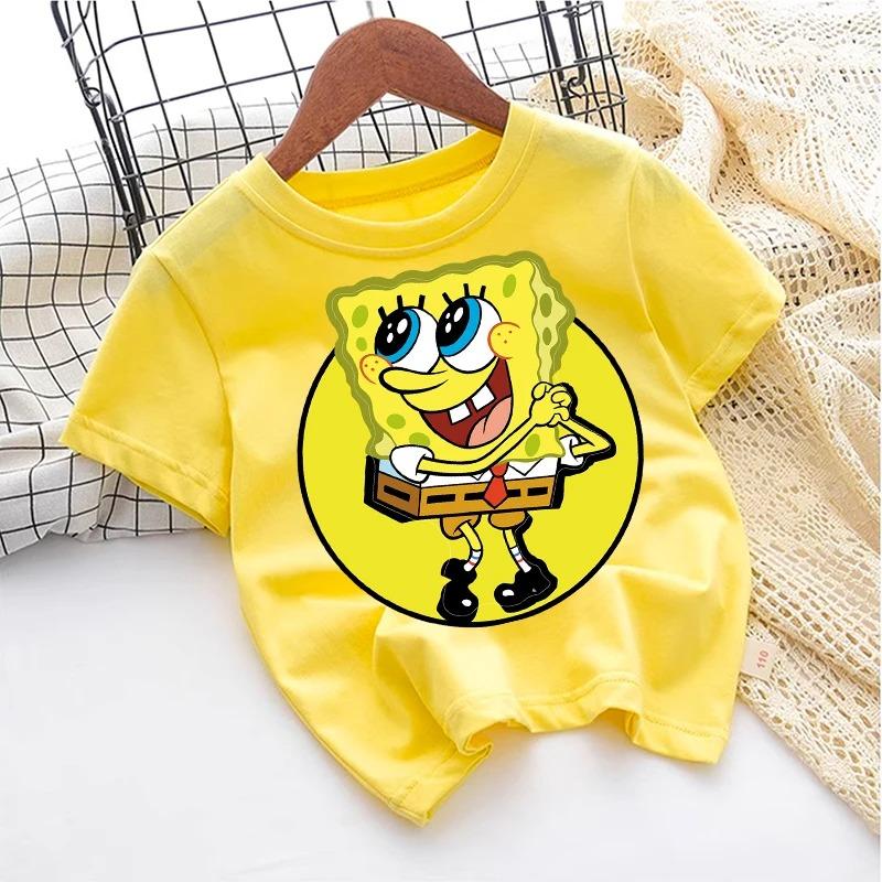 SpongeBob TShirt for Kids Cartoon Design Round Neck for Boys and Girls Cotton Casual Streetwear Short Sleeve Kids Tops