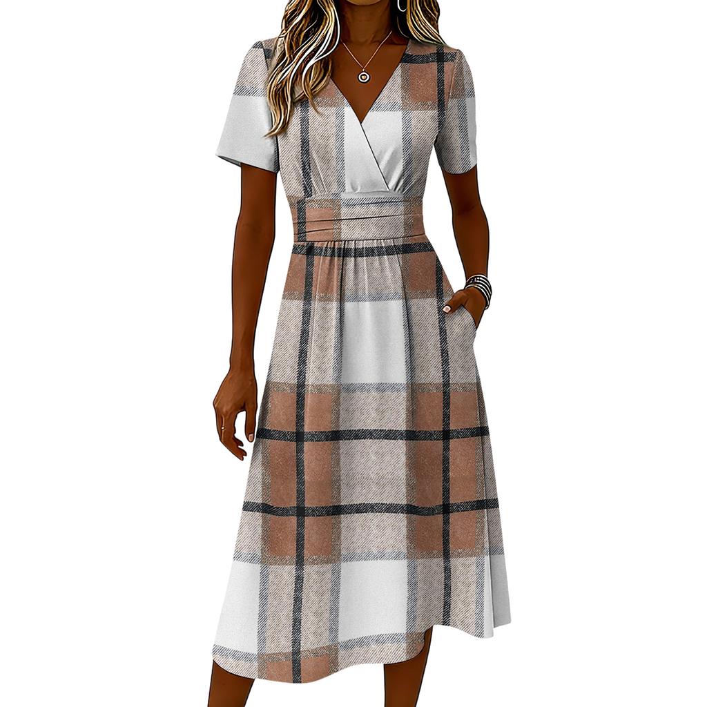 Vestito da donna a quadri casual alla moda a maniche corte con scollo a V