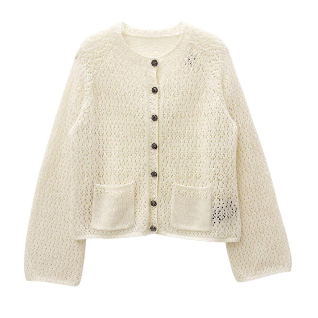 Nanyou Women's Autumn 2026 Round Neck Loose Knit Cardigan - Double Pocket, Hollow Design
