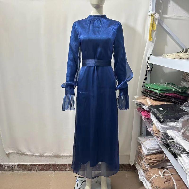 

Европейское и американское новое платье из яркого шелка с полувысоким воротником, высокой талией и шнуровкой, платье с рукавами-пузырями и шнуровкой Blue XL