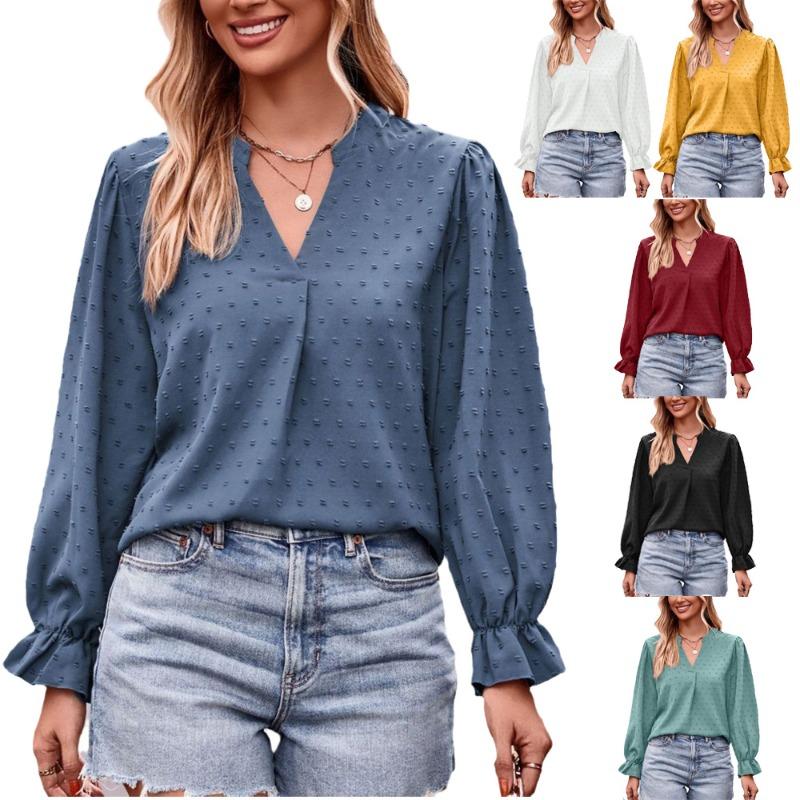 Autumn Women's Jacquard T-shirt V-neck Loose Long Sleeved Umbrella Sleeve Top