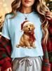 Christmas Golden Retriever Santa Hat Womens Crew Neck Short Sleeve T Shirt Xmas Scarf Puppy Graphic Tees For Ladies Daily Wear